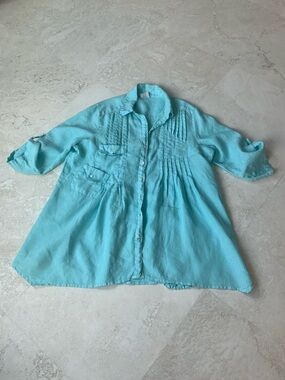 Boho Click Turquoise A-Line Linen Pin-tucked Front Tunic sz 2X